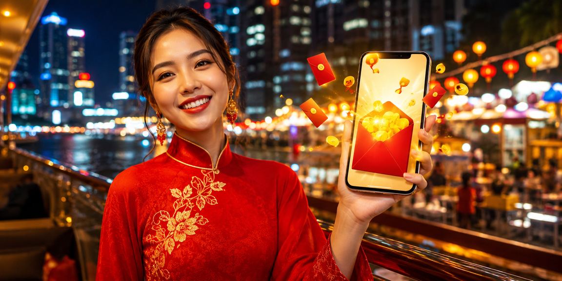 Người phụ nữ mặc áo dài tại TP.HCM nhận phong bì đỏ lì xì trong dịp Tết Nguyên Đán