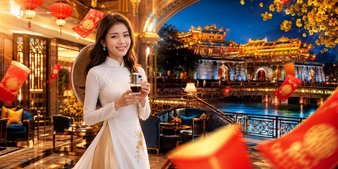 Khung cảnh phong bì đỏ và cà phê truyền thống Huế tượng trưng cho ưu đãi lễ hội 22b