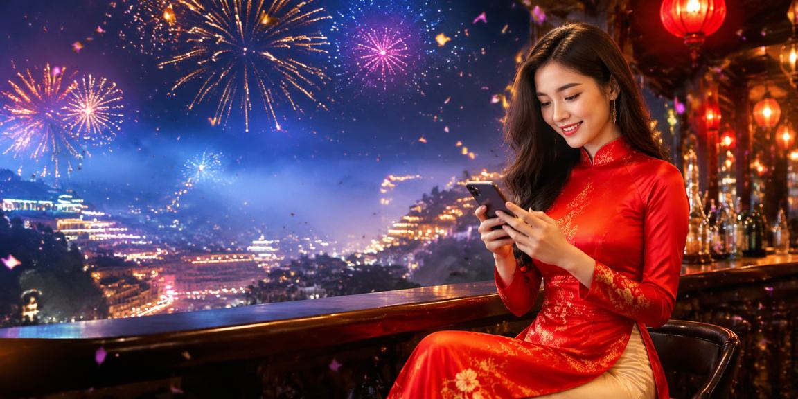 Người dùng tại Sa Pa kích hoạt voucher casino trên điện thoại di động với trang phục áo dài